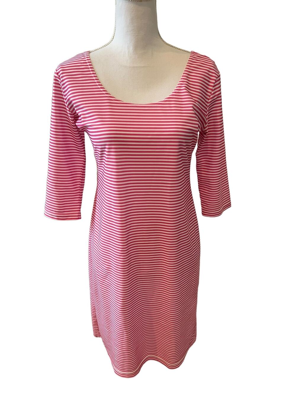 Sara Campbell Pink Striped Elbow Length Sleeve Sheath Dress S